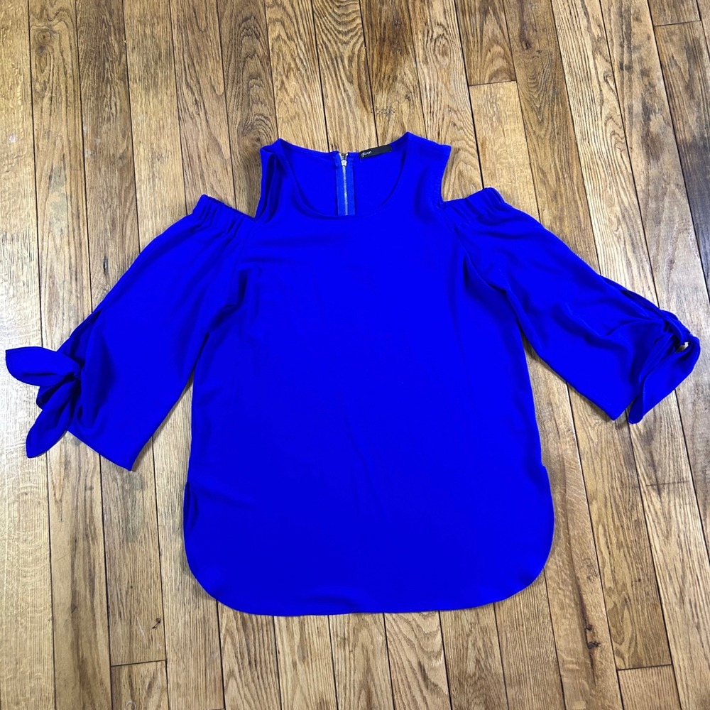 Gibon Royal Blue Cold Shoulder Cutout Zipper Neck Tie Sleeve Blouse Top‎